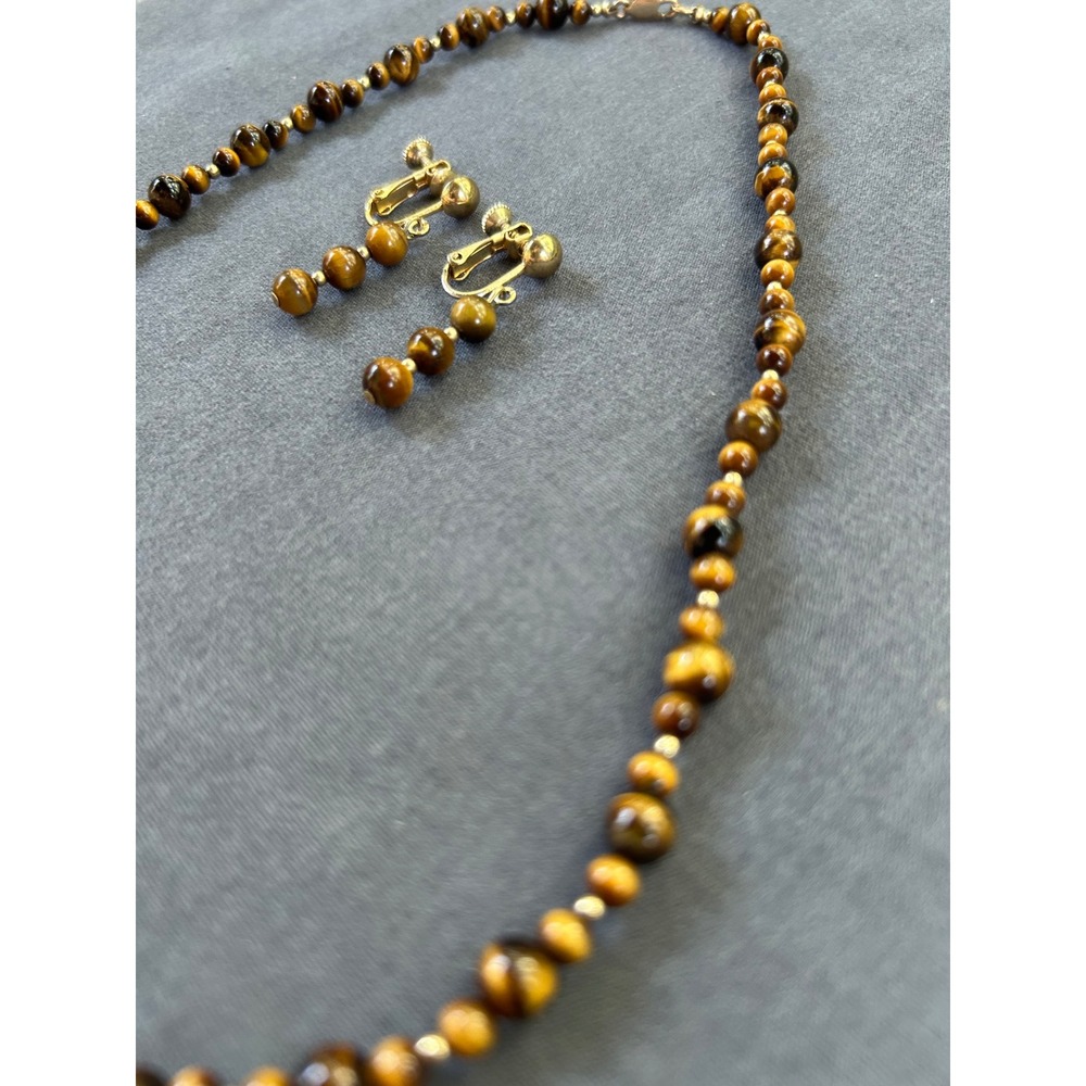 Vintage Tigers Eye Beaded Necklace and Screw Back Earrings Jewelry Set Gold Tone